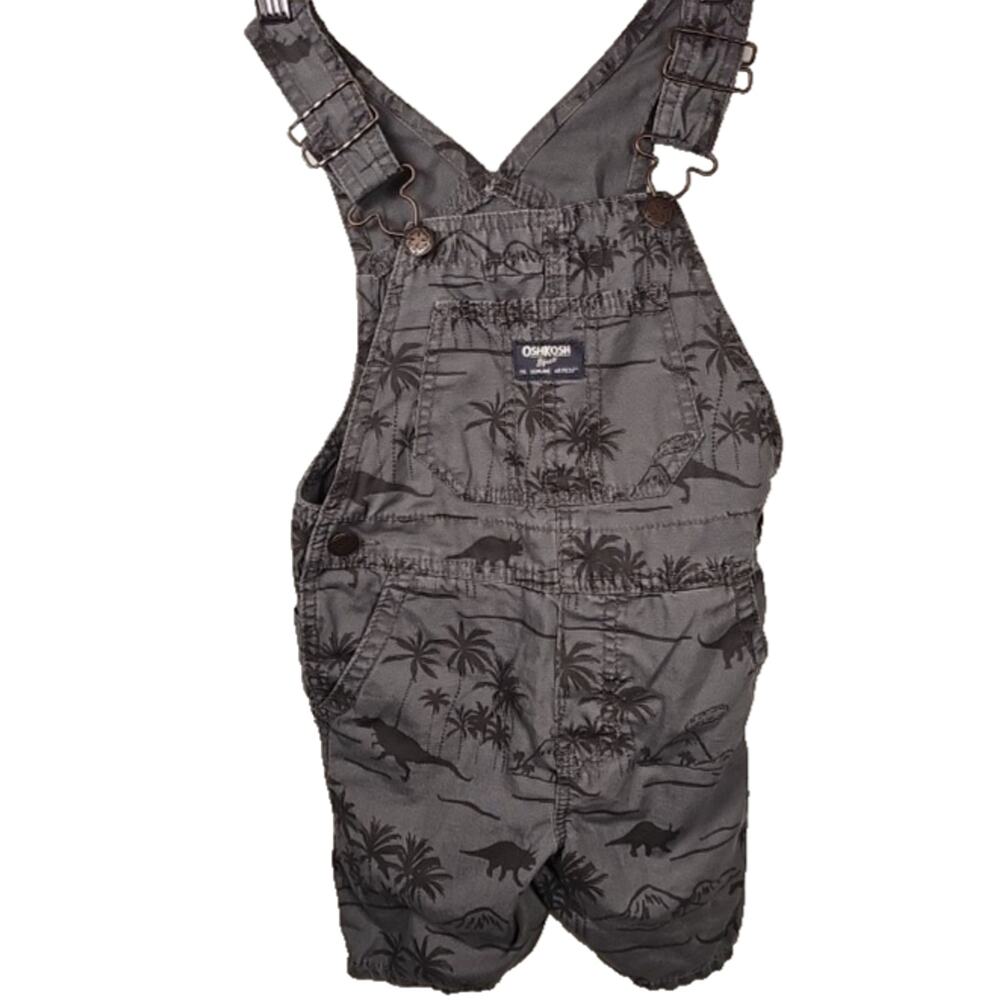 OshKosh B'gosh Gray Black Dinosaur Palm Trees AOP Shortalls Youth Kids Size 3T
